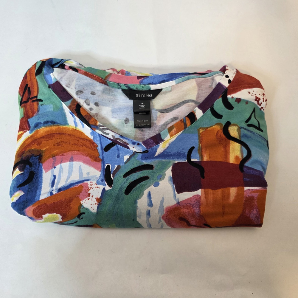 Ali Miles Womens 3X Multicolor Paint Stroke Tunic Top Drawstring Sleeve Artsy V - Picture 15 of 15